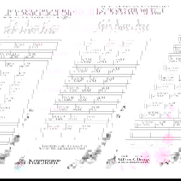 Size chart for dresses by UK Flower Girl Boutique with floral design elements.