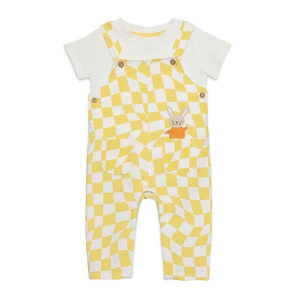 Mini Cuddles Baby Boys Checked Dungaree Set With Bunny Applique, Yellow