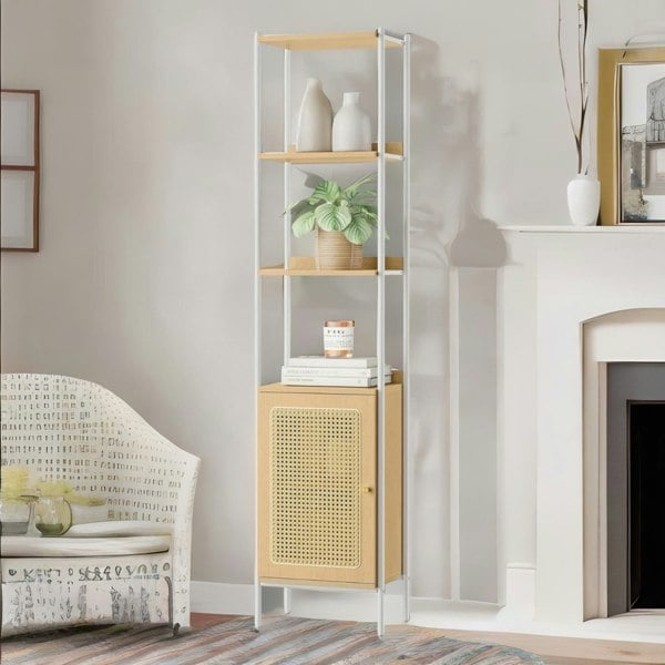 Rafaelo Mobilia Rattan-Like Narrow Bookcase Storage Cabinet With 2 Open Adjustable Shelves Beige
