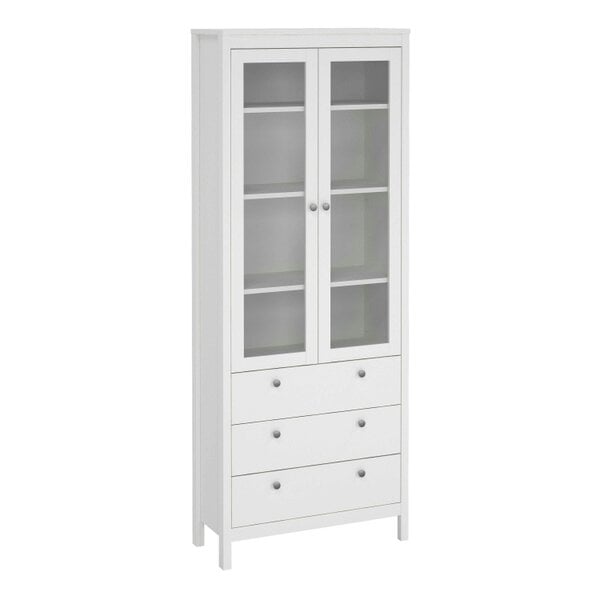 Wyld Haus Gossmere White Wooden China Cabinet 2 Glass Doors 3 Drawers Silver Handles