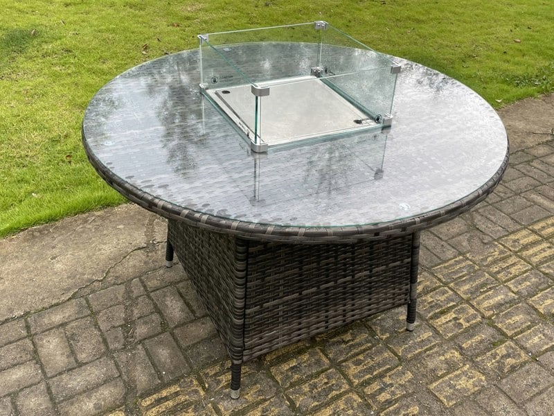 Fimous Rattan Garden Furniture Gas Fire Pit Rectangle Round Dining Table And Dining Chairs 6 Seater + Round Table