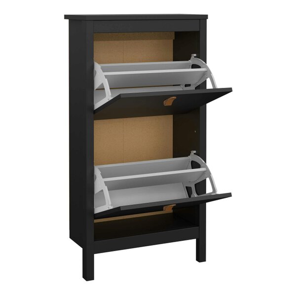 Wyld Haus Wildberry Matt Black Wooden Shoe Cabinet 2 Flip Down Doors Leather Handles