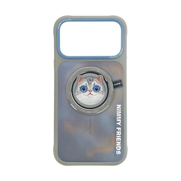 Nimmy Friends Nimmy Big Eye Cute Pet Silver Shaded Cat Face Case with Detachable MagSafe Grip for iPhone 17 Pro Max 6.9" Grey Blue