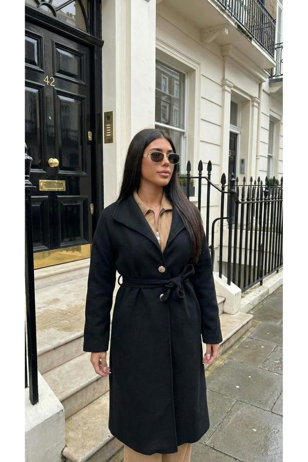 Marelle Belted Longline Coat With Button Detail - Black
