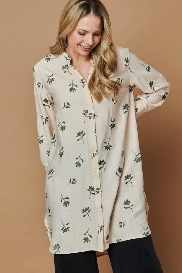 Beige | Floral Long Sleeve Casual Longline Shirt