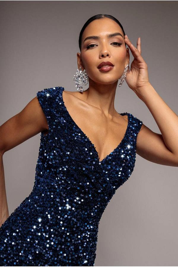 Multi Sequin & Velvet Bardot Midi Dress - Navy Blue DR3550