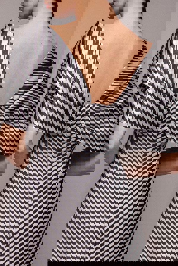 Stripe Off Shoulder Bow Back Satin Bow Mini Dress - Black White DR5053