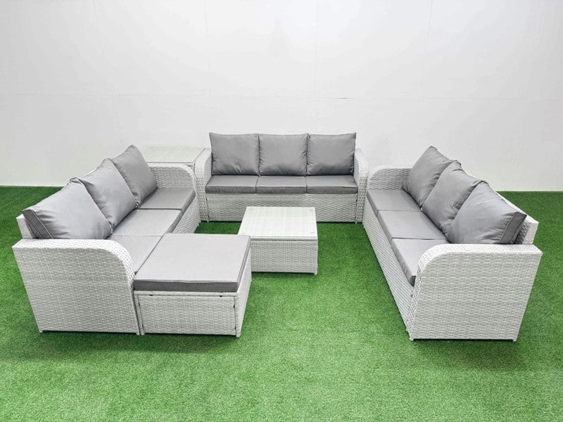 Fimous PE Rattan Lounge Sofa Set 10 Seater Outdoor Garden Furniture Set with Square Coffee Table 3 Seater Sofa Big Footstool Side Table Light Grey