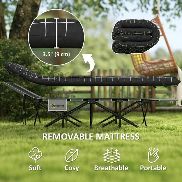 67cm Wide Folding Bed, Camping Cot for Adults with Mattress, Storage Pocket, Carry Bag, Max Load 150kg, Black