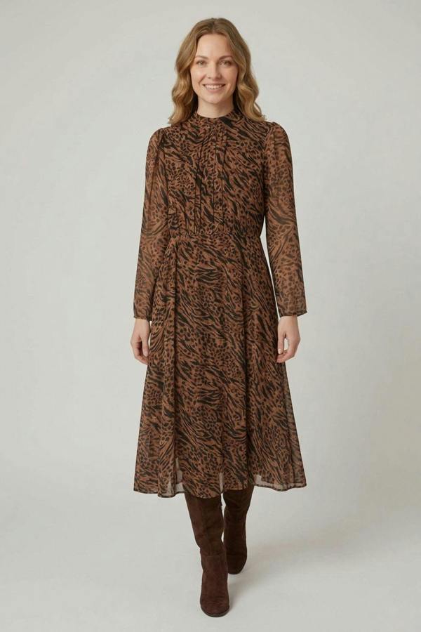 Brown | Animal Print High Neck Midi A-Line Dress