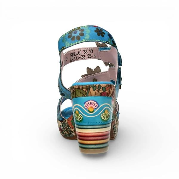 Laura Vita Nellao 33 - Women's Blue Floral Leather Wedge Sandals