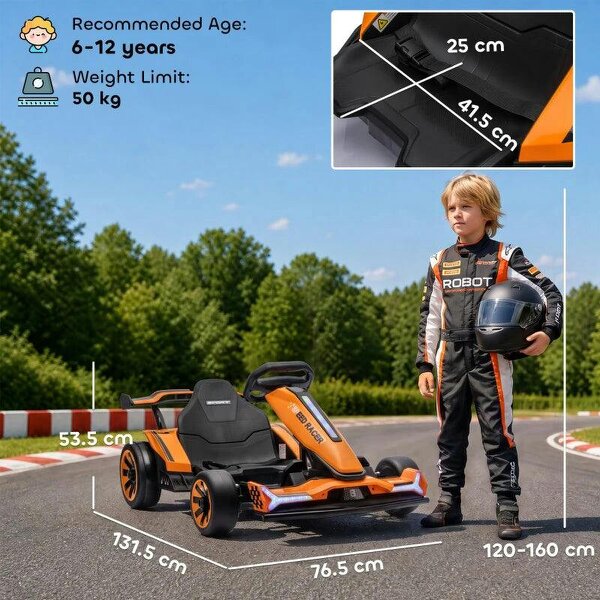 24V Electric Go Kart for Kids 6-12 Years with Drift Mode, Adjustable Seat, 3 Speed, Slow Start, Orange
