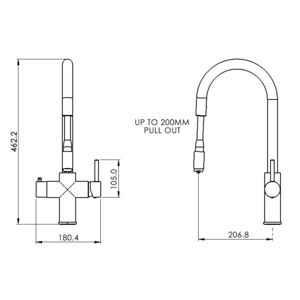 Technical drawing of a Boha round boiling water tap with dimensions on a white background