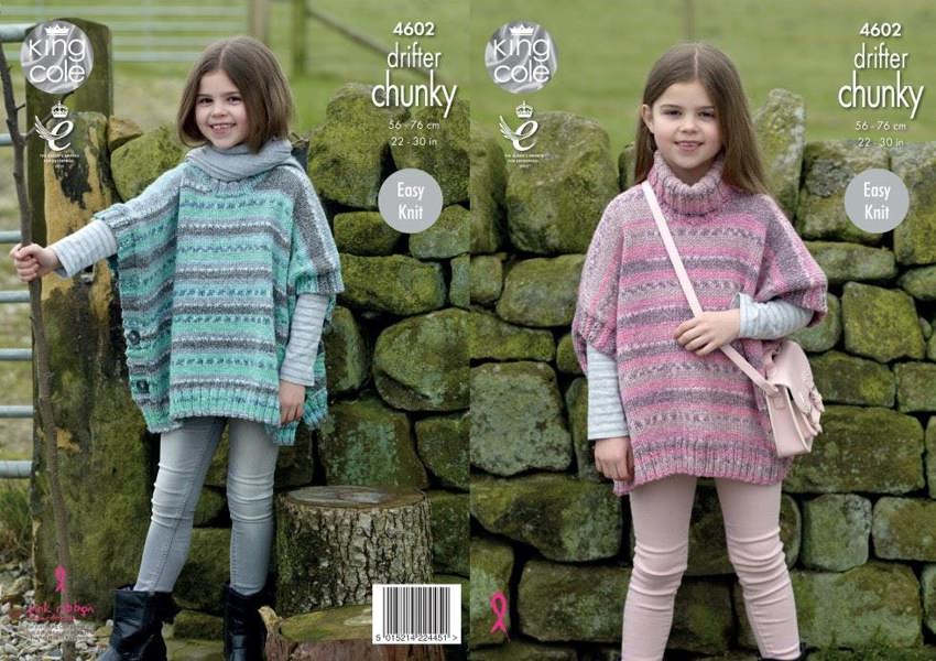 King Cole Drifter Knitting Pattern 4602, Ponchos for Kids, 22 - 30 Inches - Easy