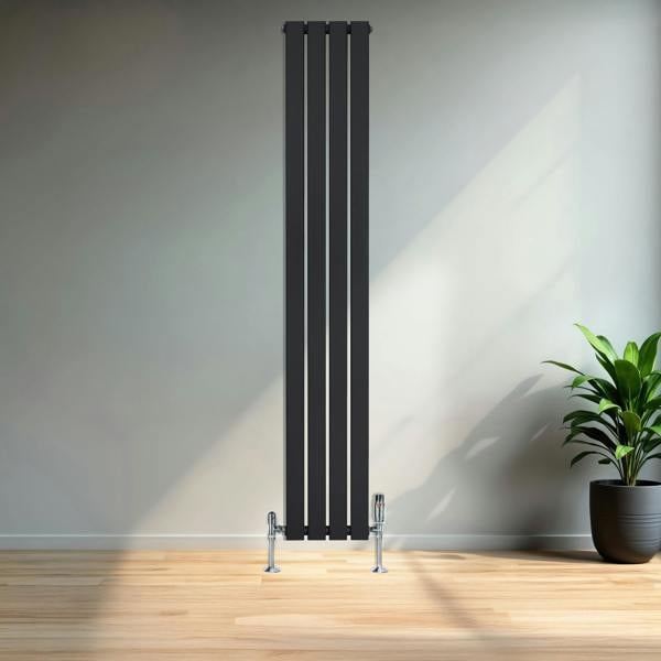 Sleek black flat single column radiator, 1800 x 280mm, featuring vertical slats and modern chrome feet, set against a minimalist interior