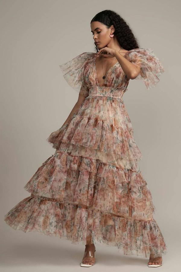 BALOU Womens Floral Tulle Maxi Dress
