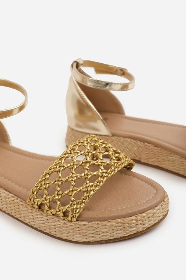 Where's That From Shia Braided Strap Espadrille Flatform  With Buckle Ankle Strap in Gold Metallic