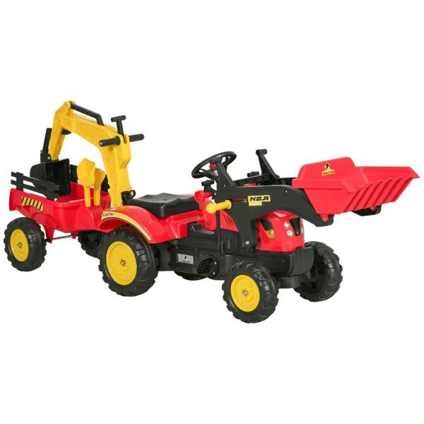 Red kids pedal ride-on excavator truck with yellow front loader and moving bucket