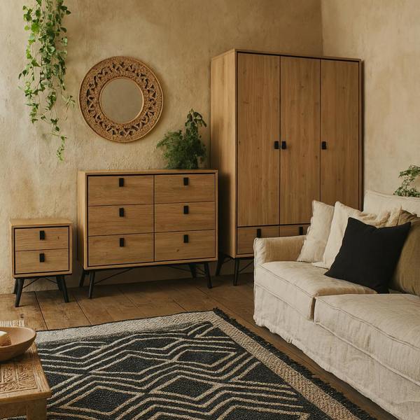 Wyld Haus Juno Natural Oak Wood Furniture Set - Wardrobe 3 Doors and 3 Drawers + Chest 6 Drawers + Bedside Table 2 Drawers