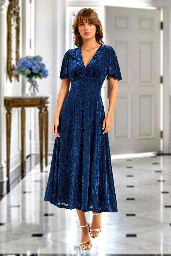 FS Collection Floral Velvet Devore V neckline Dress In Navy