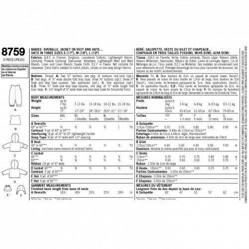 Simplicity Sewing Pattern 8759, Dungarees, Jackets, Waistcoats, Headwear for Baby, A (XXS-XS-S-M-L) - Intermediate