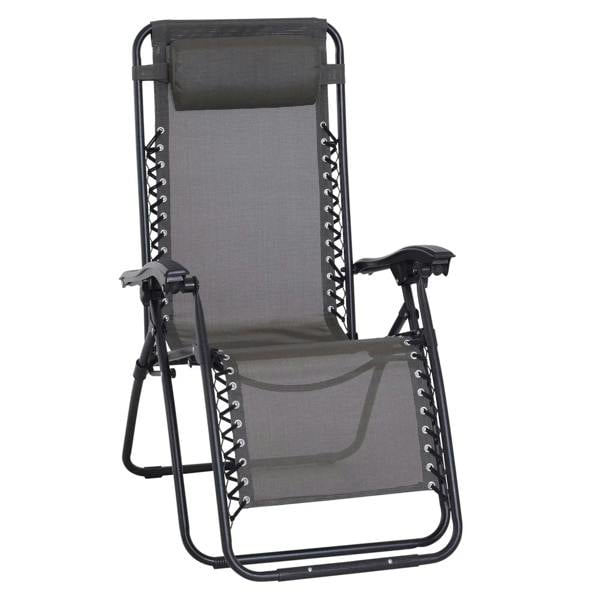 Grey outdoor folding reclining lounge chair with head pillow and black metal frame
