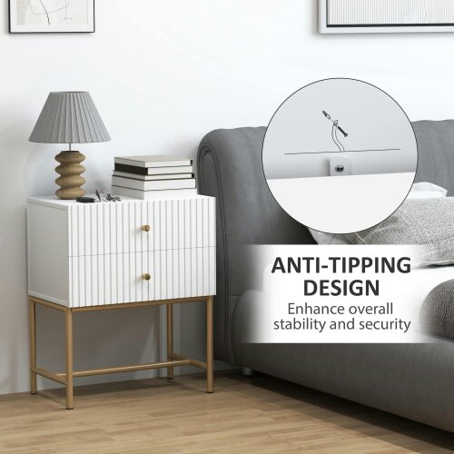 Wyld Haus Lelu Rata White and Gold Elegant 2 Drawer Ribbed Bedside Table