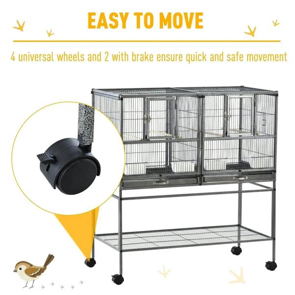 Black bird cage with universal wheels for easy moving, two-tier wire base and tray