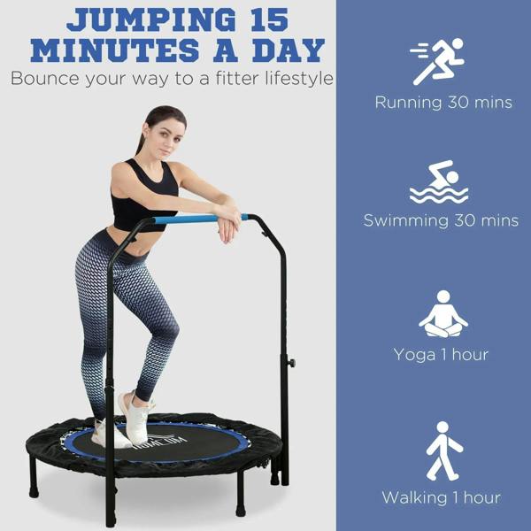 Mini trampoline with black jumping mat, blue rim, and tall safety handle for balance
