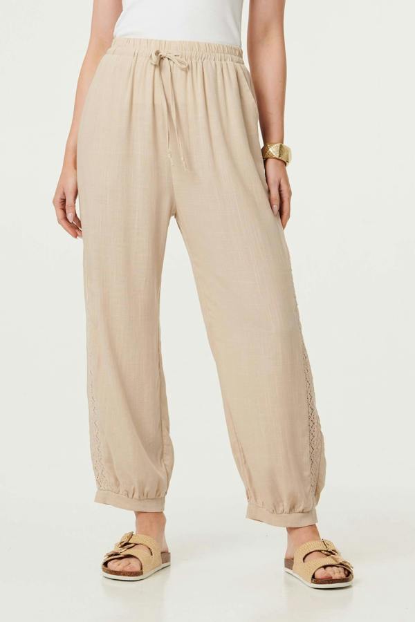 Linen | Lace Trim Drawstring High Waist Trousers