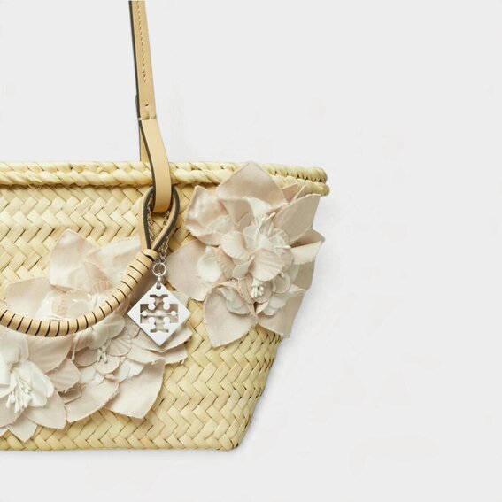 Tory Burch Small Floral Decorated Straw Tote Bag Natural Beige