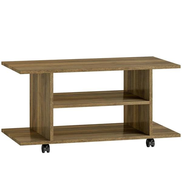 Walnut TV cabinet stand table with open shelves and wheels for easy mobility