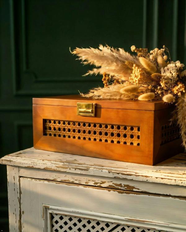 Elvida Interiors Paulownia Wood & Cane Jewellery Storage Box