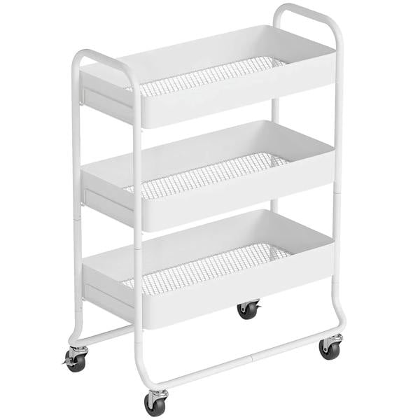 White 3-tier rolling utility cart with mesh baskets and caster wheels, curved handle