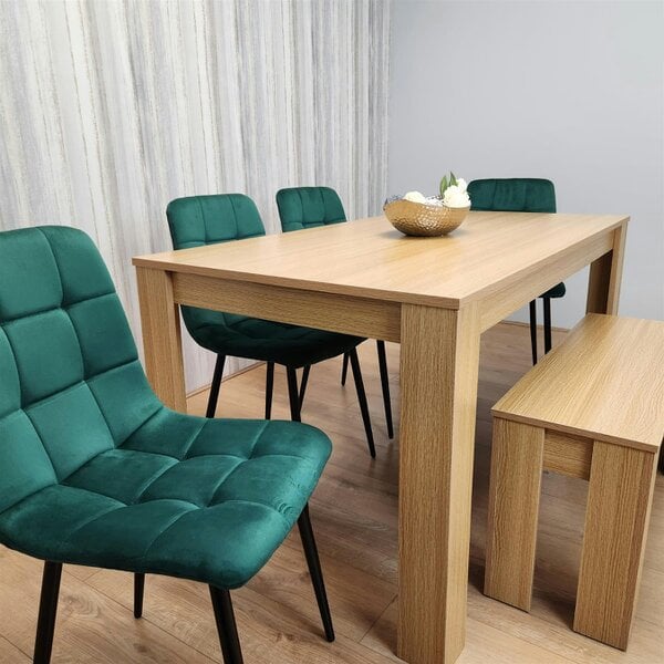 Kosy Koala Wooden Dining Table Set for 6 Oak Effect Table With 4 Green Velvet Chairs and 1 Bench