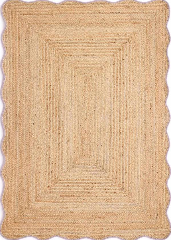 Beige braided rug with a rectangular pattern on a plain background