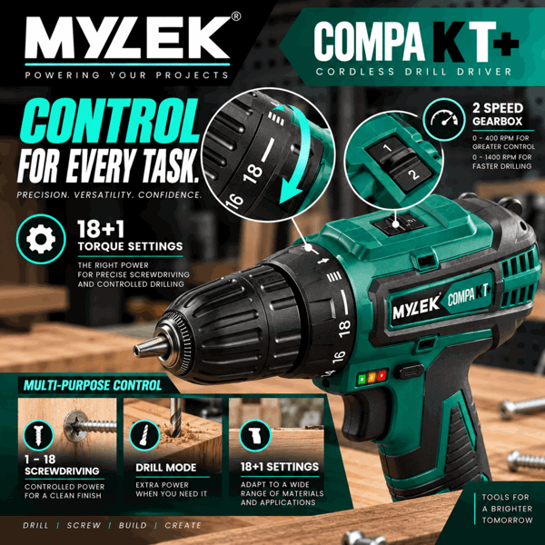 Mylek 18V Cordless Li-Ion Drill With Accessory Kit and Carry Case