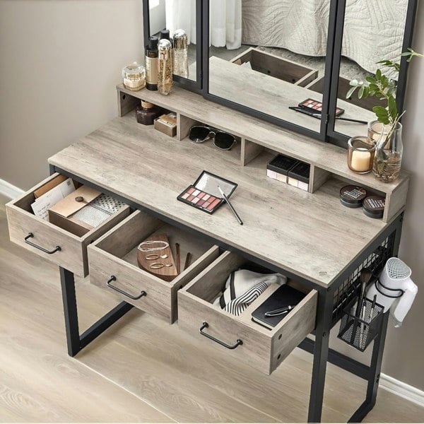 Rafaelo Mobilia 3 Drawer Dressing Table With Mirror And Stool Greige