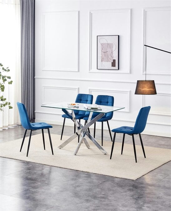 Kosy Koala Dining Table and 4 Chairs Rectangle Blue Table 4 Grey Velvet Chairs Dining Set