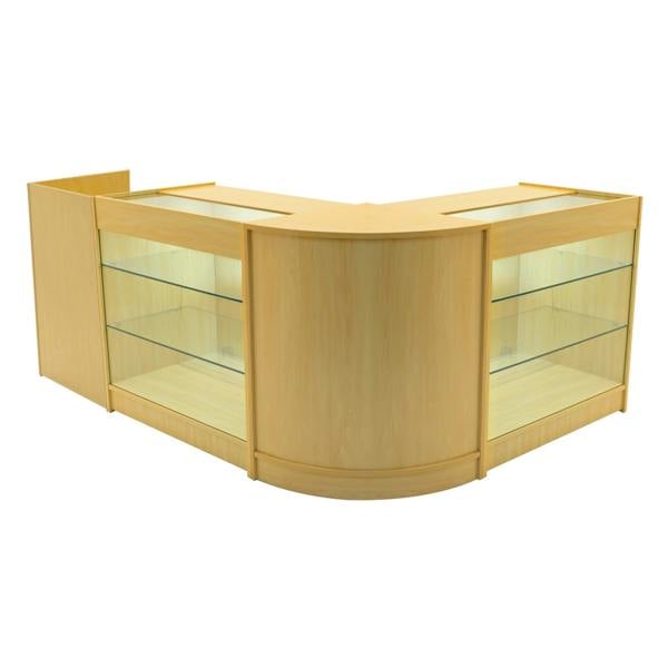 Maple Aries LED Shop Counter Set featuring a sleek, curved design with glass display shelves and integrated lighting for visibility
