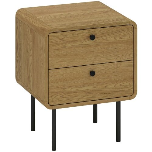 Wyld Haus Fafile Lesu Oak Finish Wooden Bedside Table With 2 Drawers And Black Steel Legs