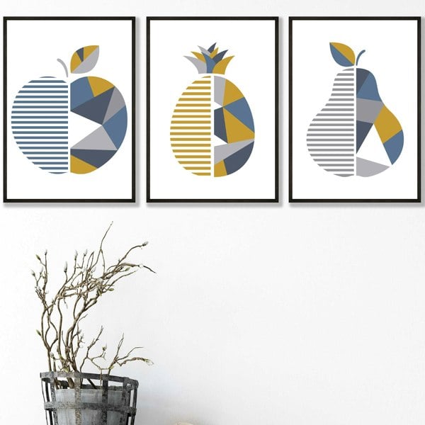 Artze Wall Art Set of 3 Blue & Yellow Geometric Fruit Framed Prints