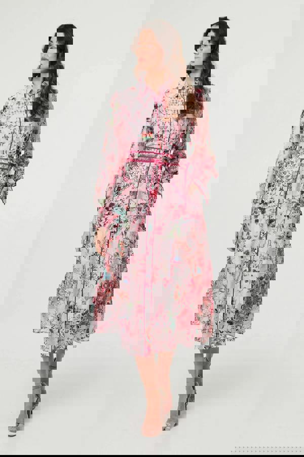 Pink | Floral Long Sleeve Shirt Midi Dress