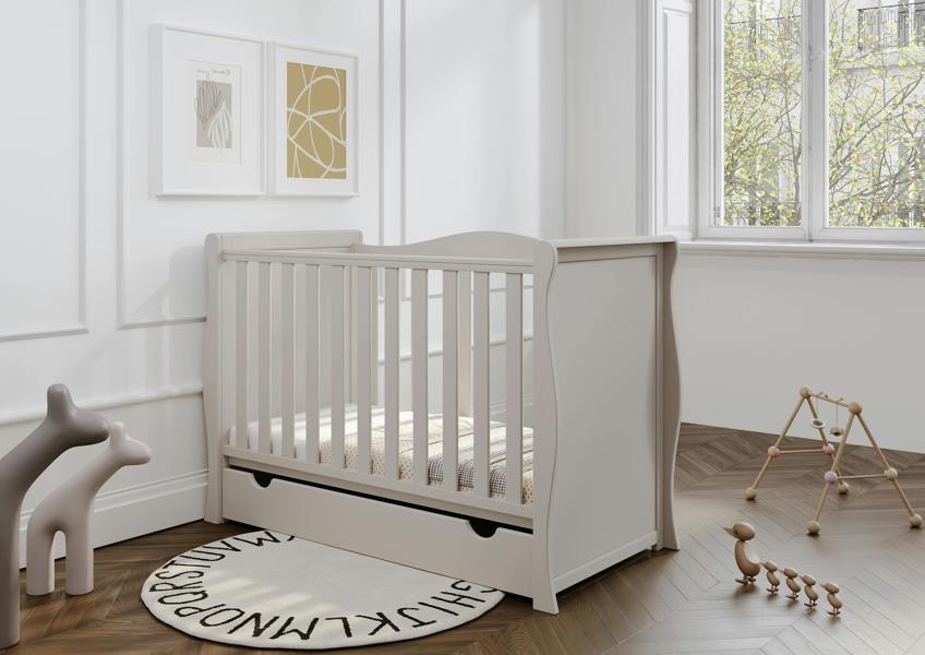 Viculii Willow Sleigh Mini Cot Bed Cashmere with Drawer and Mattress