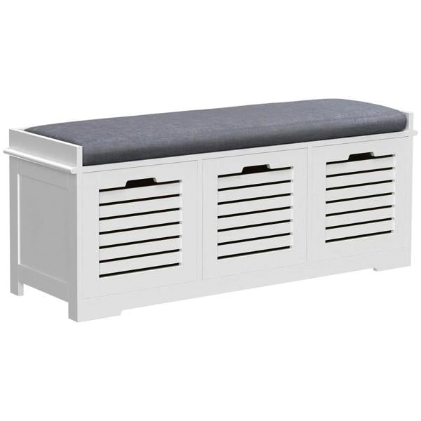 White shoe storage bench with gray cushion top and three slatted storage drawers