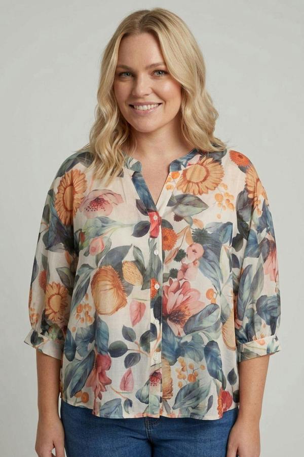 Blue | Curve Abstract Floral Curved Hem Blouse