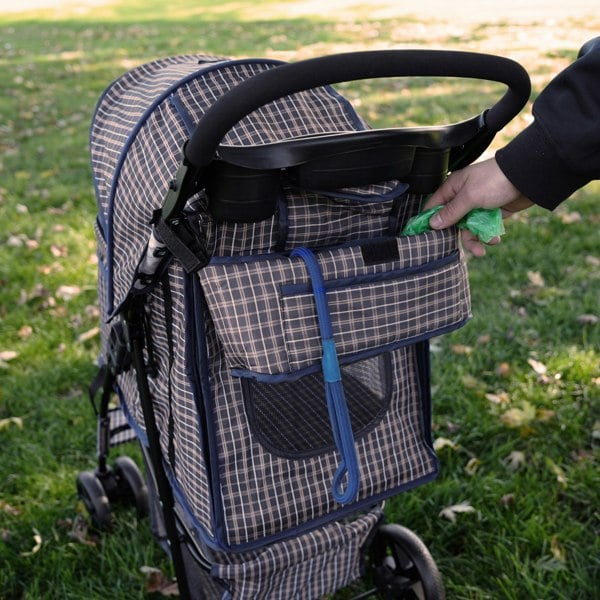 Monstershop Pet Stroller with Rain Cover & Caddy Bag - Blue Tartan