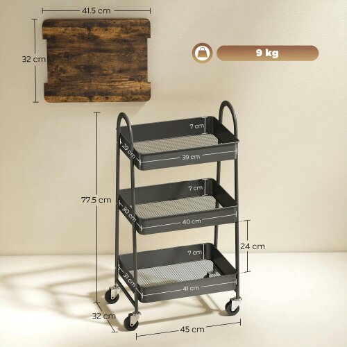 Wyld Haus Rottola Wooden Rustic Brown And Black 3 Tier Kitchen Trolley With Covered Top