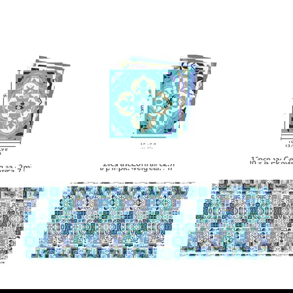 WALPLUS WT1567 - Daliah Blue and Turquoise Mediterranean Wall Tile Sticker Set - 15 cm x 15 cm - 24 pcs