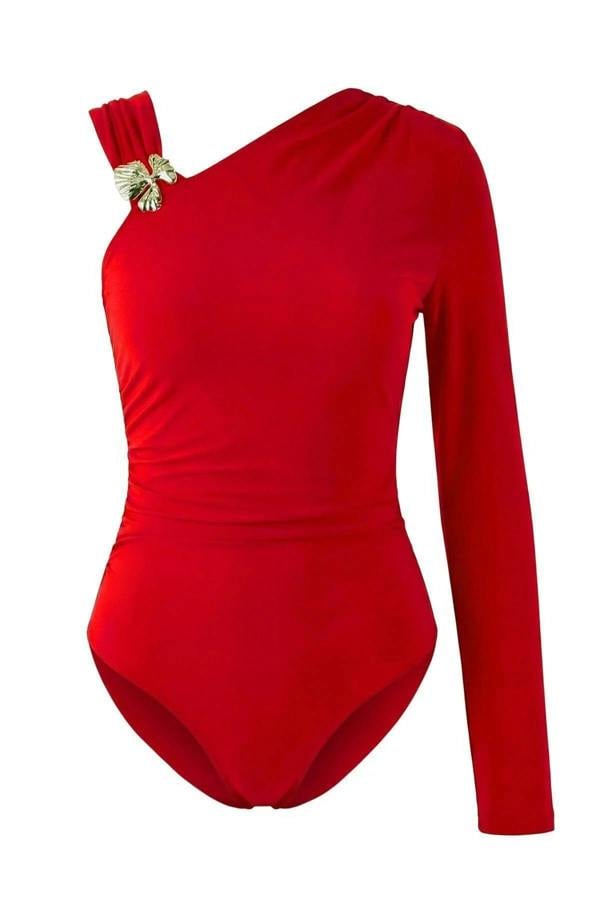 WOVCOR Asymmetrical Neckline Knit Party Bodysuit with Accessory Details